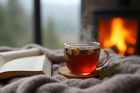 A calming cup of herbal tea with a book and soft blankets in the background